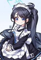Rule 34 | 1girl, absurdly long hair, absurdres, apron, arang (arang0220), aris (blue archive), aris (maid) (blue archive), black dress, blue archive, blue halo, closed mouth, commentary request, dress, frilled apron, frills, halo, highres, korean commentary, long hair, long sleeves, looking at viewer, maid, maid apron, maid headdress, mixed-language commentary, official alternate costume, smile, solo, very long hair, white apron
