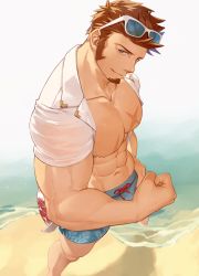 Rule 34 | 1boy, abs, alternate costume, bara, bare pectorals, beach, blue eyes, blue male swimwear, brown hair, cross scar, ear piercing, eyewear on head, facial hair, fate/grand order, fate (series), flexing, from above, goatee, hidora art, highres, large pectorals, long sideburns, looking at viewer, male focus, male swimwear, mature male, muscular, muscular male, napoleon bonaparte (fate), open clothes, open shirt, pectorals, perspective, piercing, scar, scar on chest, short hair, side chest pose, sideburns, smile, solo, standing, sunglasses, swim trunks, wet