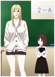 Rule 34 | 2girls, absurdres, avril (kakitama), blonde hair, blue eyes, breasts, brown hair, cardigan, chalkboard, cleavage, commentary request, eyes visible through hair, hair between eyes, hands in pockets, height difference, highres, kakitama, long hair, long sleeves, multiple girls, open mouth, original, pleated skirt, purple eyes, skirt, smile, standing, translation request