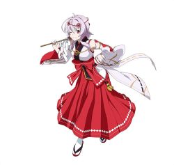 Rule 34 | 10s, 1girl, ;), black ribbon, full body, hair ornament, hakama, hakama skirt, hand on own hip, holding, japanese clothes, looking at viewer, nontraditional miko, one eye closed, purple hair, red eyes, red hakama, ribbon, ribbon-trimmed sleeves, ribbon trim, short hair with long locks, sidelocks, simple background, skirt, smile, solo, standing, strea (sao), sword art online, white background, white legwear