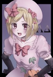 Rule 34 | 1girl, :d, azen (mntimcczgrtn), black border, black gloves, blonde hair, blush, bob cut, border, bow, bowtie, character name, elbow gloves, fang, gloves, hair bow, hands on own hips, hat, highres, lambdadelta, looking at viewer, medium hair, open mouth, pink hat, puffy short sleeves, puffy sleeves, red bow, red bowtie, red eyes, short sleeves, skin fang, smile, solo, umineko no naku koro ni, wavy eyes