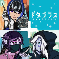 Rule 34 | 3girls, blue eyes, blue hair, blue skin, colored skin, covered mouth, dota (series), dota 2, drow ranger, drow ranger (dota), elf, facial mark, forehead mark, gloves, hand on own cheek, hand on own chin, hand on own face, head rest, helmet, hood, long hair, looking at viewer, looking to the side, love plus, lowres, luna (dota), maniacykt, mask, multiple girls, parody, pointy ears, ponytail, purple hair, purple skin, self-upload, shoulder pads, smile, templar assassin (dota), white gloves, white hair