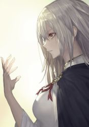 Rule 34 | 1girl, black capelet, breasts, capelet, closed mouth, commentary request, copyright request, from side, hand up, large breasts, long hair, long sleeves, looking away, profile, red eyes, red ribbon, ribbon, shirt, silver hair, simple background, solo, tachikawa mushimaro, upper body, white shirt