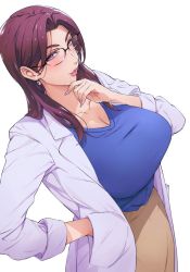 Rule 34 | 1girl, blush, breasts, brown eyes, brown hair, cleavage, coat, collarbone, earrings, glasses, hand in pocket, hand on own chin, highres, huge breasts, jewelry, lab coat, large breasts, lipstick, long hair, looking at viewer, makeup, mature female, mole, mole under mouth, nail polish, original, orushibu, otokodaisuki nikushokukei oneesan, parted bangs, shirt, shirt tucked in, simple background, skirt, sleeves rolled up, solo, t-shirt, white background
