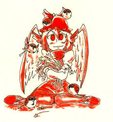 Rule 34 | 1girl, bird, bow, christmas, crossed arms, hat, head wings, mittens, monochrome, mystia lorelei, red theme, setz, footwear bow, shoes, sitting, smile, sparrow, touhou, wariza, wings