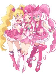 Rule 34 | 3girls, :d, absurdres, black socks, blonde hair, blue eyes, blush, boots, bow, bow hairband, choker, commentary, crossover, cure blossom, cure melody, cure peach, curly hair, detached sleeves, dot nose, dress, dress bow, earrings, flower earrings, footwear bow, forehead, fresh precure!, frilled dress, frilled sleeves, frills, full body, hair between eyes, hair bow, hair ornament, hairband, hand on another&#039;s shoulder, happy, heart, heart earrings, heart hair ornament, heartcatch precure!, high heels, high ponytail, highres, in-franchise crossover, jewelry, layered dress, layered skirt, long hair, looking at viewer, midriff, multiple girls, nemuiyoo00, open mouth, own hands together, pink bow, pink choker, pink dress, pink eyes, pink footwear, pink shirt, pink skirt, pink thighhighs, precure, puffy short sleeves, puffy sleeves, raised eyebrows, shirt, shoes, short dress, short sleeves, simple background, skirt, smile, socks, standing, steepled fingers, straight hair, suite precure, symbol-only commentary, thighhighs, tsurime, twintails, very long hair, white background, white footwear, white skirt, wrist cuffs, zettai ryouiki