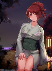 Rule 34 | 1girl, breasts, brown eyes, floral print, half updo, hand on own thigh, highres, japanese clothes, kimono, kirijou mitsuru, lantern, large breasts, leaf, leaning on object, lips, lipstick, log, long hair, looking at viewer, makeup, nail polish, newmoonshira, night, night sky, ocean, outdoors, parted bangs, persona, persona 3, persona 3 portable, red eyes, red nails, sash, signature, sitting, sitting on object, sky, solo, star (sky), thighs, tree