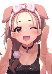Rule 34 | 1girl, ;d, absurdres, animal ears, black choker, black shirt, blush, bow, bow hairband, breasts, brown eyes, brown hair, choker, commentary request, dog ears, dog girl, extra ears, fang, foreshortening, hair bow, hair ornament, hair over shoulder, hairband, highres, hololive, index fingers raised, inugami korone, inugami korone (loungewear), large breasts, long hair, looking at viewer, one eye closed, open mouth, pom pom (clothes), pom pom hair ornament, print shirt, shirt, simple background, skin fang, smile, solo, starkamisan, upper body, virtual youtuber, white background