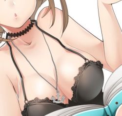 Rule 34 | 1girl, akatsuki hijiri, anchor necklace, black nightgown, breast focus, breasts, brown hair, cleavage, collarbone, head out of frame, jewelry, kantai collection, looking at viewer, lowres, medium breasts, mutsu (kancolle), necklace, nightgown, parted lips, reading, sidelocks, simple background, solo, white background