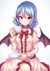 Rule 34 | 1girl, blue hair, bow, choker, cup, dress, frills, highres, holding, holding cup, juliet sleeves, junior27016, long sleeves, looking at viewer, no headwear, no headwear, pink dress, pointy ears, puffy sleeves, red eyes, remilia scarlet, simple background, smile, solo, touhou, white background, wings