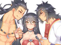 Rule 34 | 1girl, 2boys, bad id, bad pixiv id, bandages, bare pectorals, black hair, black neckwear, braid, breasts, brothers, choker, cleavage, closed mouth, collarbone, fang, folks (nabokof), frown, hair strand, holding hands, japanese clothes, kimono, long hair, looking at another, looking at viewer, medium breasts, messy hair, multiple boys, pectorals, rokurou rangetsu, scar, shigure rangetsu, siblings, side braid, simple background, smile, swept bangs, tales of (series), tales of berseria, upper body, velvet crowe, white background, yellow eyes