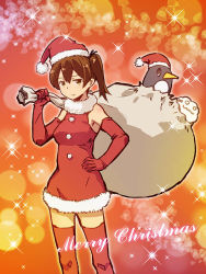 Rule 34 | 10s, 1girl, bag, bow, brown eyes, brown hair, christmas, commentary request, dress, elbow gloves, failure penguin, fur trim, gloves, hair ribbon, hand on own hip, hat, kaga (kancolle), kantai collection, looking at viewer, merry christmas, miniskirt, miss cloud, red dress, red thighhighs, ribbon, santa costume, santa hat, side ponytail, skirt, sleeveless, sleeveless dress, sparkle, sparkle background, tamago (yotsumi works), thighhighs
