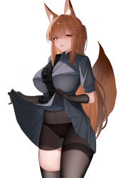 Rule 34 | 1girl, absurdres, animal ear fluff, animal ears, arknights, black gloves, black headwear, black pantyhose, brown hair, clothes lift, dress, dress lift, elbow gloves, fox ears, fox girl, fox tail, franka (arknights), frilled skirt, frills, gloves, grey shirt, grey skirt, highres, lahz52, long hair, looking at viewer, orange eyes, pantyhose, parted lips, pleated skirt, shaded face, shirt, short sleeves, simple background, single leg pantyhose, single thighhigh, skirt, solo, tail, thighhighs, very long hair, white background