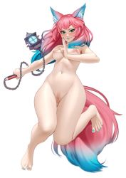 Rule 34 | 1girl, animal ear fluff, animal ears, barefoot, blue hair, blue lips, blue nails, blush, breasts, character request, closed mouth, completely nude, feet, full body, gradient hair, green eyes, kairunoburogu, long hair, medium breasts, multicolored hair, nail polish, navel, nude, pink hair, pussy, solo, toenail polish, toenails, toes, two-tone hair, uncensored, very long hair, white background