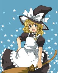 Rule 34 | 1girl, blonde hair, blue background, braid, broom, cowboy shot, dress, female focus, green eyes, hand on own hip, hat, kirisame marisa, lowres, side braid, solo, tako (plastic protein), touhou, witch, witch hat