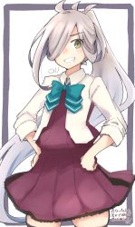 Rule 34 | 1girl, absurdres, ahoge, asashimo (kancolle), asashimo kai ni (kancolle), blazer, bow, bowtie, cowboy shot, grey eyes, grin, hair over one eye, halterneck, hands on own hips, highres, jacket, kantai collection, long hair, looking at viewer, ma rukan, ponytail, school uniform, sharp teeth, silver hair, smile, solo, standing, teeth, thighhighs, translation request