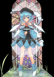 Rule 34 | 1girl, blue eyes, blue hair, cirno, dreamlight2000, female focus, flower, full body, hat, ice, ice wings, matching hair/eyes, plant, rose, solo, stained glass, touhou, wings