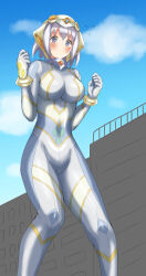 Rule 34 | 1girl, absurdres, blue sky, blush, bodysuit, breasts, building, closed mouth, cloud, day, embarrassed, flying sweatdrops, gem, giant, giantess, grey eyes, headgear, highres, koharuno silk, kolby, large breasts, looking at viewer, medium hair, outdoors, sidelocks, skin tight, sky, solo, standing, ultimate girl, wavy mouth, white bodysuit, white hair