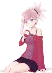 Rule 34 | 1girl, arm support, bad id, bad pixiv id, bare shoulders, black scrunchie, black skirt, blue eyes, blush, closed mouth, collarbone, commentary request, cup, disposable cup, drinking, drinking straw, earrings, fate/grand order, fate (series), hair ornament, hair scrunchie, head tilt, high ponytail, holding, holding cup, jewelry, jilu, long sleeves, miyamoto musashi (fate), off-shoulder shirt, off shoulder, pink hair, pleated skirt, ponytail, red shirt, scrunchie, shadow, shirt, sidelocks, sitting, skirt, sleeves past wrists, solo, white background