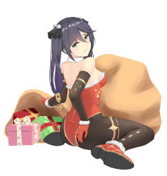 Rule 34 | 1girl, absurdres, artist request, ass, ass grab, bag, bare shoulders, black hair, blush, boots, breasts, christmas, elbow gloves, embarrassed, from behind, genshin impact, gloves, green eyes, hair ornament, hand on ass, highres, leotard, long hair, looking at viewer, looking back, mona (genshin impact), pantyhose, sideboob, sitting, smile, solo, thighlet, twintails, wariza