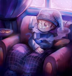 Rule 34 | 1boy, ;3, alternate costume, alternate eye color, animal, animal hug, armchair, blanket, blue eyes, blue footwear, blue hat, blue pajamas, blue shirt, blue sleeves, brown hair, cat, cat slippers, chair, closed mouth, commentary, cream puff, cup, curtains, danganronpa (series), danganronpa v3: killing harmony, english commentary, feet out of frame, food, half-closed eye, hat, highres, hoshi ryoma, indoors, light blush, loiodg, long sleeves, male focus, milk, night, nightcap, on chair, one eye closed, pajamas, shirt, short hair, signature, sitting, slippers, smile, snowing, solo, star (symbol), star print, steam, under covers