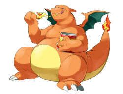 Rule 34 | bag, charizard, cheese, chips (food), creatures (company), eating, fat, fat man, fire, food, game freak, gen 1 pokemon, good frog, nintendo, no humans, pizza, pokemon, pokemon (creature), simple background, wings