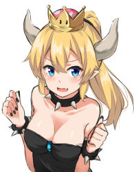 Rule 34 | 1girl, bad id, bad pixiv id, bare shoulders, black dress, blonde hair, blue eyes, bowsette, bracelet, breasts, collar, commentary request, crown, dress, fang, highres, horns, jewelry, kohakope, large breasts, looking at viewer, mario (series), new super mario bros. u deluxe, nintendo, ponytail, simple background, solo, spiked bracelet, spiked collar, spikes, strapless, strapless dress, super crown, upper body, white background