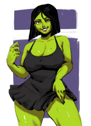 Rule 34 | 1girl, absurdres, banjo-kazooie, black hair, breasts, cleavage, clothes lift, colored skin, cowboy shot, crazy eyes, dress, earrings, eyeshadow, green skin, gruntilda winkybunion, highres, jewelry, large breasts, lifting own clothes, makeup, pink lips, purple background, red eyes, redblacktac, short hair, skirt, skirt lift, smile, solo, thick thighs, thighs, wide hips