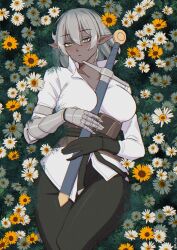 Rule 34 | 1girl, absurdres, between breasts, black gloves, black pants, blush, breasts, closed mouth, collarbone, commentary, dark-skinned female, dark elf, dark skin, elf, english commentary, field, flower, flower field, gauntlets, gloves, grass, green eyes, grey hair, hair between eyes, highres, holding, holding weapon, large breasts, looking at viewer, lying, mawaridi, original, pants, pointy ears, sheath, sheathed, shirt, short hair, single gauntlet, single glove, solo, sword, twitter username, weapon, white flower, white shirt, yellow flower, yvonne (mawaridi)