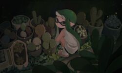Rule 34 | 1girl, black background, black eyes, black shorts, blunt bangs, cactus, clover, domino mask, film grain, from above, from behind, green hair, highres, inkling, inkling girl, inkling player character, liang cun rakuna, looking at viewer, looking back, mask, nintendo, no mouth, plant, pointy ears, potted plant, raised eyebrows, sandals, short hair with long locks, short shorts, shorts, slav squatting, socks, solo, splatoon (series), squatting, tank top, tentacle hair, white socks, white tank top, wide shot