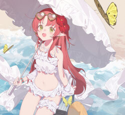 Rule 34 | 1girl, absurdres, arknights, beach, bead necklace, beads, bikini, blush, bracelet, breasts, bridal garter, bug, butterfly, commentary, day, earrings, eyewear on head, flower, frilled bikini, frills, green eyes, hair flower, hair ornament, heart, heart-shaped eyewear, heart earrings, highres, holding, holding umbrella, insect, jewelry, long hair, looking at viewer, myrtle (arknights), myrtle (summer flowers) (arknights), navel, necklace, open mouth, outdoors, parasol, pointy ears, red flower, red hair, shell, shell necklace, sitting, small breasts, solo, sunglasses, swimsuit, symbol-only commentary, tatatsu, umbrella, very long hair, water, white bikini, white umbrella, yellow butterfly
