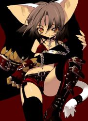 Rule 34 | 1girl, animal ears, blade (galaxist), boots, brown hair, buckle, cat ears, cat tail, chain, garter belt, holding, legs, looking at viewer, navel, orange eyes, short hair, sitting, tail, tail ornament, thighhighs