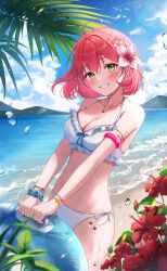 Rule 34 | 1girl, absurdres, ahoge, beach, bikini, blue sky, blush, breasts, cloud, collarbone, commentary, day, flower, green eyes, grin, hair flower, hair ornament, hibiscus, highres, holding, holding swim ring, hololive, innertube, jewelry, large breasts, looking at viewer, navel, ocean, outdoors, pendant, pink hair, pora 0918, sakura miko, scrunchie, short hair, sky, smile, solo, stomach, swim ring, swimsuit, symbol-only commentary, virtual youtuber, water, white bikini, wrist scrunchie