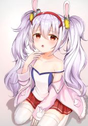 Rule 34 | 1girl, :o, animal ears, azur lane, bad id, bad pixiv id, bare shoulders, between legs, camisole, commentary request, hair between eyes, hair ornament, hairband, hand between legs, highres, jacket, katsushika pachi, laffey (azur lane), long hair, long sleeves, looking at viewer, off shoulder, open clothes, open jacket, parted lips, pink jacket, pleated skirt, rabbit ears, red eyes, red hairband, red skirt, shadow, sidelocks, silver hair, sitting, skirt, sleeves past wrists, solo, strap slip, thighhighs, twintails, very long hair, wariza, white camisole, white thighhighs