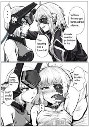 Rule 34 | 2girls, absurdres, ahoge, blunt bangs, collar, comic, elbow gloves, english text, engrish text, gloves, greyscale, guardian tales, headgear, heart, heart-shaped pupils, heavy breathing, highres, instant loss, jacket, kabedon, monochrome, multiple girls, on bed, pillow, ranguage, short hair, sleeveless, symbol-shaped pupils, tagme, upper body, will2012tw, yuri