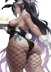 Rule 34 | 1girl, absurdres, animal ears, arm tattoo, ass, back, bad id, bad twitter id, bare shoulders, black hair, black leotard, blue archive, blush, breasts, champagne flute, cup, curvy, dark-skinned female, dark skin, detached collar, drinking glass, fake animal ears, female focus, fishnet pantyhose, fishnets, gloves, highleg, highleg leotard, highres, holding, holding tray, huge ass, karin (blue archive), karin (bunny) (blue archive), large breasts, leotard, long hair, looking at viewer, looking back, number tattoo, official alternate costume, pantyhose, playboy bunny, ponytail, rabbit ears, side-tie leotard, sideboob, sidelocks, solo, tattoo, thighs, thong leotard, tray, white gloves, wide hips, wrist cuffs, yellow eyes, yoshio (55level)