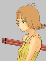 Rule 34 | 1girl, breasts, brown hair, bubinoana, closed mouth, commentary request, final fantasy, final fantasy viii, flipped hair, green eyes, highres, jewelry, necklace, nunchaku, selphie tilmitt, short hair, simple background, smile, solo, weapon, yellow overalls