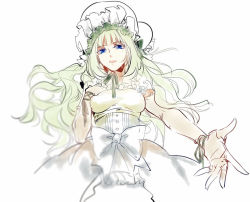 Rule 34 | 1girl, blue eyes, bonnet, bow, breasts, clair vaux bernardus, dress, female focus, green hair, hand on own chest, hug (yourhug), open mouth, partially colored, smile, solo, tears, umineko no naku koro ni, white background