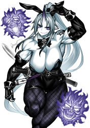Rule 34 | 1girl, absurdres, angry, animal ears, black bow, black bowtie, black gloves, bow, bowtie, breasts, cleavage, collar, colored skin, commentary, cup, elbow gloves, eyeshadow, fake animal ears, fire, fishnets, gloves, grey hair, highres, holding own ears, horns, jewelry, katana, large breasts, leotard, long hair, looking at viewer, makeup, multiple rings, muscular, muscular female, open mouth, original, pantyhose, partially fingerless gloves, playboy bunny, pointy ears, ponytail, purple eyes, purple eyeshadow, purple fire, purple lips, rabbit ears, ring, sheath, sheathed, shoulder tattoo, simple background, single horn, skull, slit pupils, solo, spirit, sword, symbol-only commentary, tattoo, teeth, thighlet, todoroki (yotaro), tray, veins, veiny arms, veiny breasts, very long hair, weapon, white background, white collar, white skin, yotaro