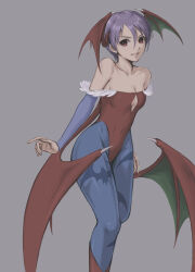 Rule 34 | 1girl, absurdres, animal print, bare shoulders, bat print, breasts, bridal gauntlets, capcom, cleavage, cleavage cutout, clothing cutout, collarbone, commentary, covered navel, feather trim, grey background, head wings, highleg, highleg leotard, highres, leotard, lilith aensland, lips, looking at viewer, low wings, pantyhose, parted lips, purple hair, red eyes, short hair, simple background, small breasts, smile, solo, strapless, strapless leotard, tyanoki, vampire (game), wings