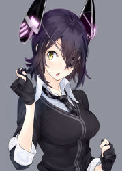 Rule 34 | 10s, 1girl, amami amayu, eyepatch, fingerless gloves, gloves, grey background, hair over one eye, headgear, kantai collection, looking at viewer, necktie, open collar, open mouth, partially fingerless gloves, playing with own hair, purple hair, shirt, short hair, sketch, sleeves rolled up, solo, sweater, tenryuu (kancolle), upper body, yellow eyes
