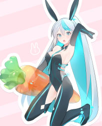 Rule 34 | 1girl, :o, animal ears, arm up, armpits, between breasts, black gloves, black legwear, black leotard, blue eyes, blue hair, breasts, clothing cutout, detached collar, elbow gloves, eureka iris, fake animal ears, gloves, highres, holding, inflatable carrot, inflatable toy, kneeling, leotard, liver city, long hair, looking at viewer, medium breasts, multicolored hair, necktie, open mouth, pink background, ponytail, rabbit ears, silver hair, solo, thigh cutout, transparent, two-tone hair, tym taro, very long hair, virtual youtuber, wing collar