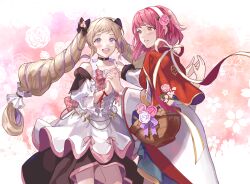 Rule 34 | 2girls, :d, ankle boots, basket, blonde hair, blush, boots, bow, choker, collarbone, detached sleeves, dress, drill hair, elise (fire emblem), elise (valentine) (fire emblem), fire emblem, fire emblem fates, fire emblem heroes, flower bracelet, hair bow, hairband, highres, holding, holding basket, holding hands, japanese clothes, kimono, long hair, multiple girls, nintendo, official alternate costume, open mouth, pink background, pink eyes, pink hair, purple eyes, purple hair, sakura (fire emblem), sakura (valentine) (fire emblem), short hair, smile, sobasakuhin, teeth, twintails, very long hair, white background, white dress, white hairband, white kimono