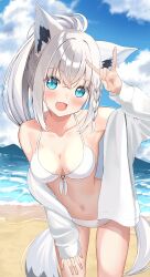 Rule 34 | 1girl, absurdres, animal ears, aqua eyes, bare shoulders, bikini, grey hair, highres, hololive, looking at viewer, open mouth, outdoors, rappi, shirakami fubuki, smile, solo, swimsuit, virtual youtuber, wolf ears