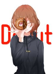 Rule 34 | 1girl, artist request, black jacket, blush, brown hair, commentary request, doughnut, food, hair ornament, hairclip, highres, higuchi madoka, holding, holding food, idolmaster, idolmaster shiny colors, jacket, long sleeves, looking at viewer, mole, mole under eye, one eye closed, purple eyes, short hair, solo, sweater, white background