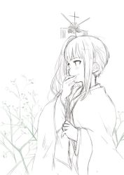 Rule 34 | 10s, 1girl, alternate costume, antennae, bad id, bad twitter id, branch, covered mouth, flower, greyscale, japanese clothes, kantai collection, kasumi (kancolle), keionism, kimono, long hair, monochrome, ornament, plant, side ponytail, simple background, smile, solo, tassel, tree, upper body, white background