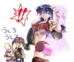 Rule 34 | &gt;:), 1boy, 1girl, grabbing another&#039;s breast, breasts, feena (grandia), ghost, grabbing, grandia, grandia i, green eyes, green hair, hair ornament, hair tubes, hetero, imui, jewelry, justin (grandia), layered sleeves, long hair, low-tied long hair, midriff, necklace, puui (grandia), sue (grandia), text focus, translation request, v-shaped eyebrows, wide sleeves