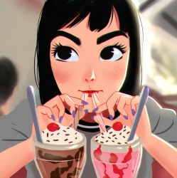 Rule 34 | 1girl, black eyes, black hair, character request, cherry, chromatic aberration, commentary, copyright request, cup, drinking straw, english commentary, face, fingernails, food, fruit, grey shirt, highres, holding, holding drinking straw, long fingernails, looking at viewer, looking away, mz09, nail polish, nose, nostrils, purple nails, shirt, solo