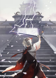 Rule 34 | 1boy, architecture, arm up, armor, artist name, asymmetrical sleeves, bandaged arm, bandaged hand, bandages, black scarf, building, commentary request, east asian architecture, electricity, facing away, falling petals, from behind, genshin impact, haori, highres, holding, holding sword, holding weapon, japanese armor, japanese clothes, kaedehara kazuha, katana, kimono, lantern, long sleeves, low ponytail, male focus, medium hair, mismatched sleeves, multicolored hair, outdoors, petals, ponytail, red hair, red scarf, scarf, short sleeves, shoulder armor, single sode, sode, solo, someaka, stairs, standing, streaked hair, sword, tassel, vision (genshin impact), weapon, white hair, white kimono, wide sleeves