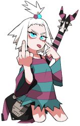 Rule 34 | 1girl, akanbe, bags under eyes, bass guitar, bbizim03, blue eyes, creatures (company), dress, eyelid pull, freckles, game freak, gym leader, hair bobbles, hair ornament, highres, instrument, looking at viewer, middle finger, nintendo, pokemon, pokemon bw2, roxie (pokemon), solo, strapless, strapless dress, striped, tongue, tongue out, white hair